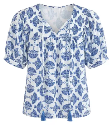 Produktbild von Blaue Damen Bluse im Boho-Chic mit ethnischem Muster, Größe L, aus 100% Polyester