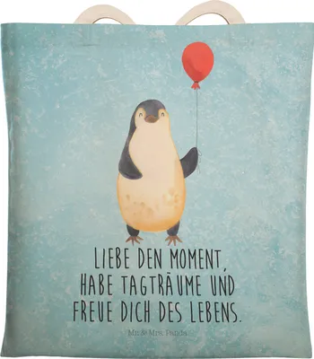 Produktbild von Mr. & Mrs. Panda Tote Bag Pinguin Luftballon - Eisblau - Geschenk, Beutel, Tragetasche, Motivation, Tasche, Liebe, Stoffbeutel, Freundin, Beuteltasche