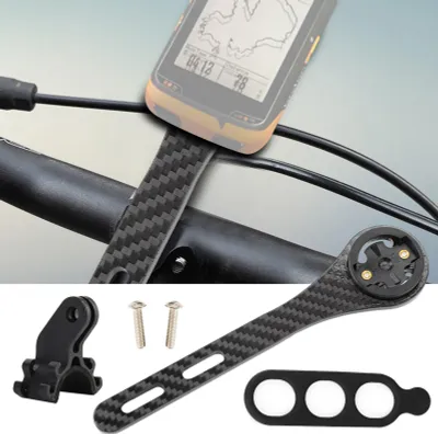 Obrázok produktu pre Držiak na počítač na bicykli, so základňou na kameru a svetelnou opierkou, 6,4 X 1,6 X 1,1 palca, čierny držiak počítača na bicykel z uhlíkových vlákien, integrovaný predstavec na riadidlá pre počítače na bicykli