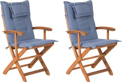 Produktbild von BELIANI Gartenstühle 2er Set Hellbraun Blau Akazienholz mit Armlehnen inkl. Auflagen Klappbar Balkon