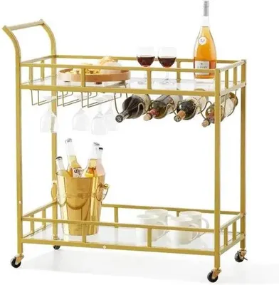 Immagine prodotto di Carrello bar mobile - Colore: Oro - 2 ripiani - Carrello per bevande - Carrello di servizio - Carrello bar con ruote - Carrello per tè - Carrello da cucina