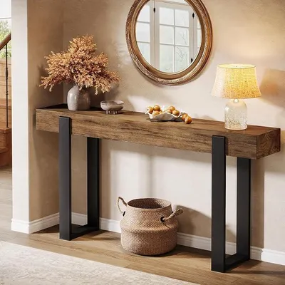 Produktbild von Konsolentisch Massivholz, 160 cm, mit Metallgestell, ideal für die Couch, Eingangsbereich, Flur im Landhausstil, rustikales Braun & Schwarz