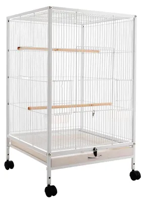 Produktbild von Vogelkäfig Papageienkäfig - Freistehender Käfig auf Rollen - 46x46x94 cm - 1 cm Gitterabstand - 4 Räder (2 mit Bremse) - Weiß