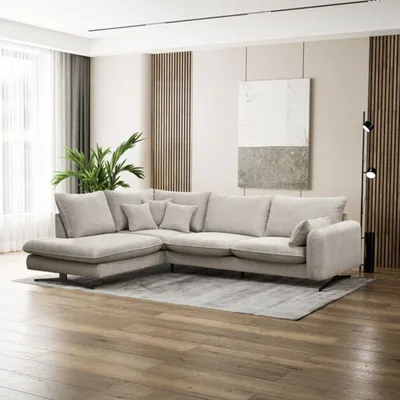 Produktbild von L-Form Ecksofa mit Wellenfedern Prince L L-Shape Corner Sofa aus Cord-Bezug l-förmiges Polsterecke für Wohnzimmer, Farbe: Beige, Ottomane: links