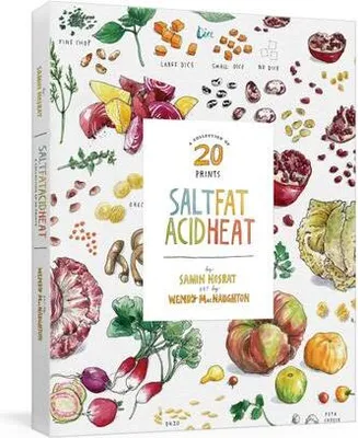 A book cover with illustrations of food items and text.