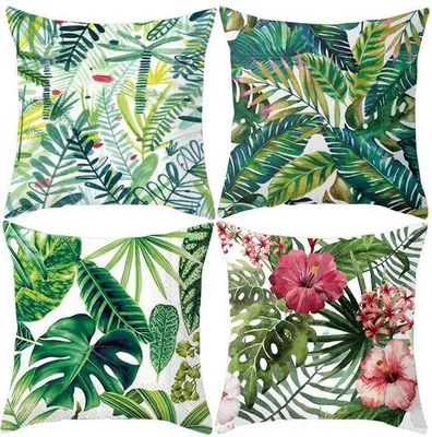 Produktbild von Unyqoos® 4er-Set Kissenbezüge 45 x 45 cm – Baumwolle & Leinen, grünes Blattmuster, dekorativ mit unsichtbarem Reißverschluss