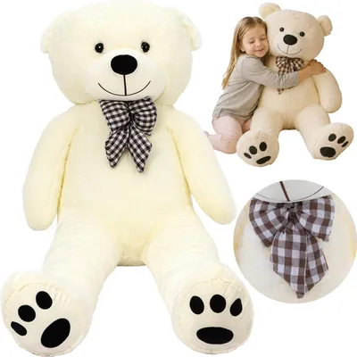 A collage of images featuring a large ecru teddy bear, a child hugging the teddy bear, and a close-up of the teddy bear's bow.