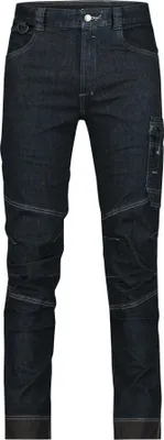 A pair of dark blue work jeans shown from the front against a white background.
