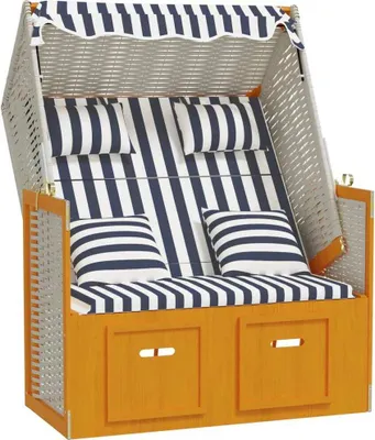 Produktbild von Strandkorb mit Kissen Poly Rattan & Massivholz Weiß & Blau