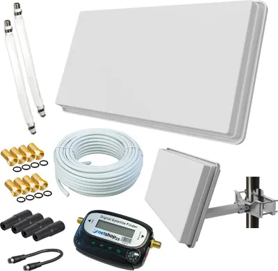 Produktbild von Selfsat H30D2+ Flachantenne Twin + 20m Kabel + Fensterhalterung + SAT-Finder + 2 Fensterdurchführung + 8 F-Stecker + 4 Wetterschutztüllen (Full HD 4K UHD Sat Anlage für 2 Teilnehmer) netshop 25 Set