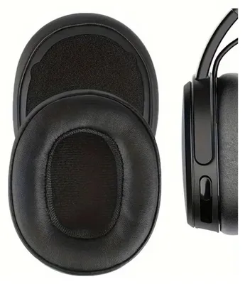 A pair of black replacement ear pads for headphones, shown next to a portion of the headphone itself.