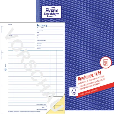 Produktbild von Avery Zweckform 1734, Rechnung, A4, selbstdurchschreibend, 2x40 Blatt