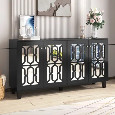 Produktbild von okwish Kommode Sideboard 160x84x40cm, Anrichte Wohnzimmerschränke mit mit 4 Türen, 2 verstellbaren Ablagen und Spiegelfront, Schwarz