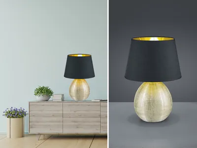 Produktbild von Keramik Tischleuchte LED 35cm hoch mit Stofflampenschirm Ø 24cm in Schwarz/Gold