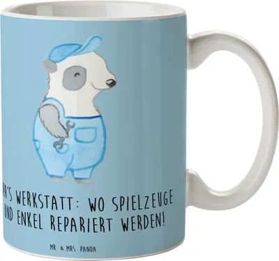 Produktbild von Mr. & Mrs. Panda Kaffeebecher Großeltern Werkstatt - Blau Pastell - Geschenk, Trinkbecher, Kaffeetasse, Freude, Liebe, Tasse, Generationen, Kaffeepott, Weisheit, keramik