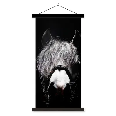 Produktbild von MuchoWow® Textilposter Pferd - Porträt - Schwarz - Weiß 90x180 cm mit schwarzem Rahmen - Dekoration Wohnzimmer
