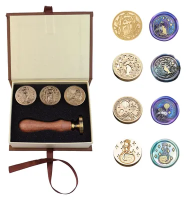 Wachssiegel-Stempel Set, 4 Motive, 3 cm, Holzgriff