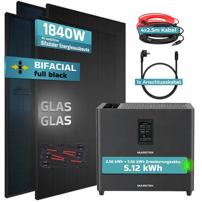 Produktbild von SUNNIVA® 1840W Balkonkraftwerk mit 5,12 kWh Speicher MARSTEK Jupiter C + Plus, 4x460W BIFAZIAL FULLBLACK komplett Steckdose, Solaranlage Solarspeicher
