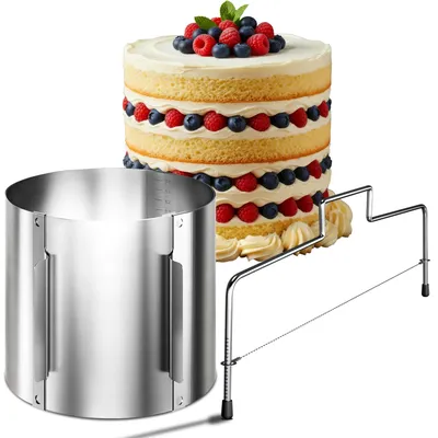 Produktbild von Lindenstein Tortenschneider höhenverstellbar mit 15 cm hohem verstellbarem Tortenring – 2-teiliges Edelstahl-Torten-Zubehör-Set, Backset für die Tortenzubereitung
