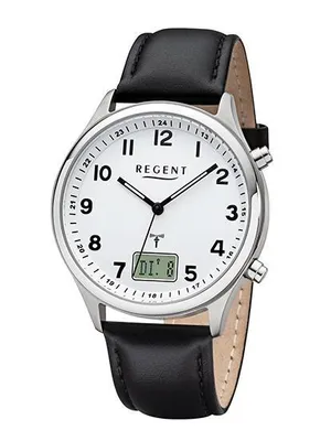 Produktbild von REGENT Herren-Armbanduhr Funkuhr Edelstahl analog-digital Quarz Lederband schwarz BA-446