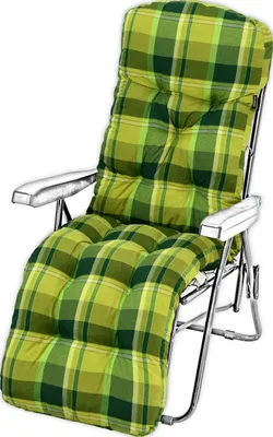 A green and yellow plaid cushion on a reclining chair.
