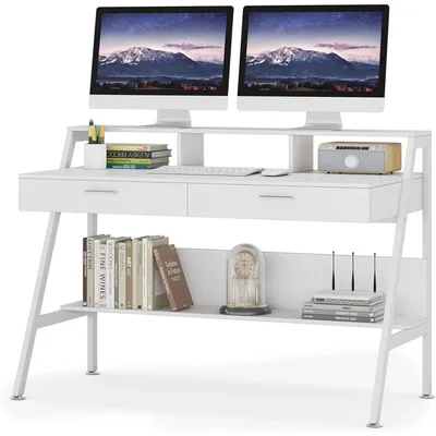 Image de Bureau - Espace de travail - Bureau d'étude - Bureau pour le travail à domicile - Bureau avec tiroir - Structure métallique - 120 x 60 x 90 - Blanc