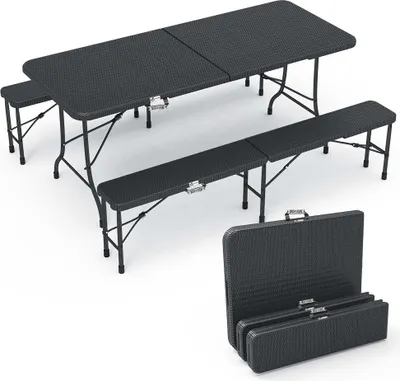Produktbild von VOUNOT® Bierzeltgarnitur Klappbar 3-teilig Set, 1 Biertisch & 2 Bierbänke, Festzeltgarnitur Rattan-Optik Gartengarnitur Campingset, Schwarz