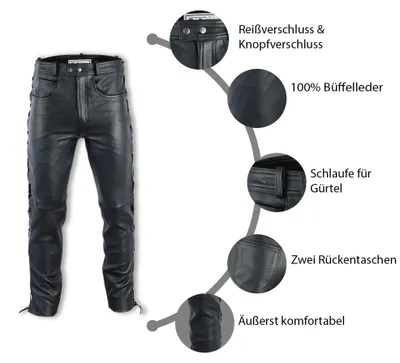 Die Innenansicht der klassischen schwarzen Leder-Motorradhose setzt ein Statement mit Büffelleder und stylischer seitlicher Schnürung für einen einzigartigen Look. Gefertigt aus 100 % echtem Leder bieten diese Jeans unvergleichlichen Komfort und Stil für j