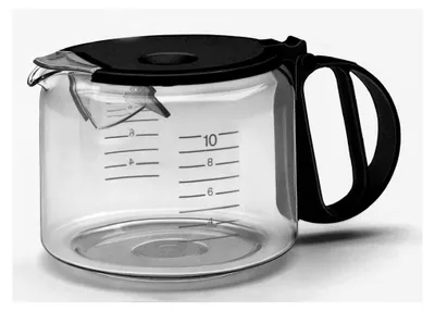 A clear studio shot of a coffee pot carafe with measurement markings.