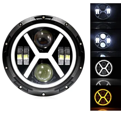 Obrázok produktu pre Univerzálna 7-palcová (18 cm) LED/halogénová žiarovka do svetlometov, 12 V – 24 V, tlmené/diaľkové svetlá, s dennými svetlami DRL, bielo-žlté smerovky
