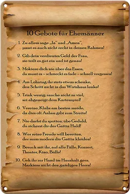 Produktbild von Blechschild Spruch 20x30cm 10 Gebote für Ehemänner sage ja