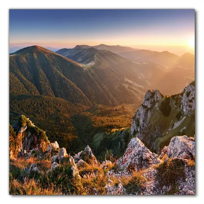 Produktbild von Wallario selbstklebende Möbelfolie/ Tischdecke für Innen und Außen, Größe: 70 x 70 cm - Berglandschaft mit Sonnenuntergang in der Slowakei