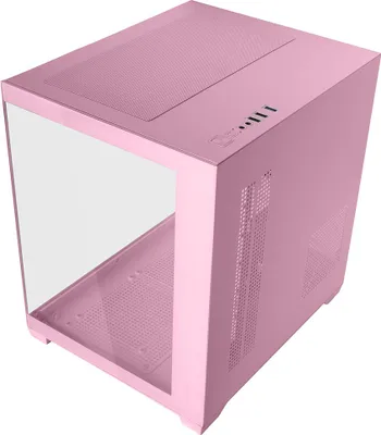 A pink computer case with a glass side panel, shown from a high angle.
