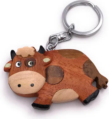 Produktbild von Onwomania Schlüsselanhänger aus Holz Kuh Hausrind Rind Kalb Tier Milchkuh Bauernhof Anhänger Charm