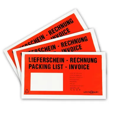 Produktbild von 1000 Begleitpapiertaschen Lieferscheintaschen versando DIN lang rot-schwarz bedruckt