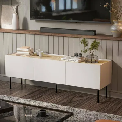 Image de Calanna - Meuble TV, 150x40x52h cm Beige, une étagère