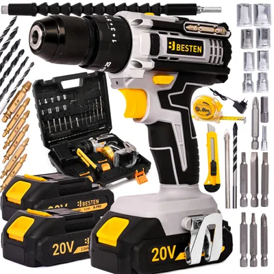 A collection of tools including a drill, batteries, and various accessories laid out on a white background.