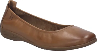A single brown leather ballerina shoe shown from a side-diagonal angle against a white background.