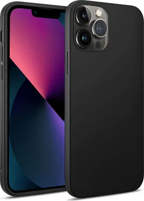 A black iPhone 13 Pro Max with a matte black protective case is shown from a diagonal angle, with the phone screen displaying a colorful abstract image.