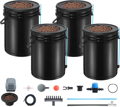 A set of hydroponic growing buckets and accessories arranged on a white background.