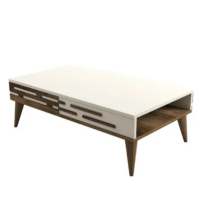 A modern coffee table with a white top and wooden accents on a white background.