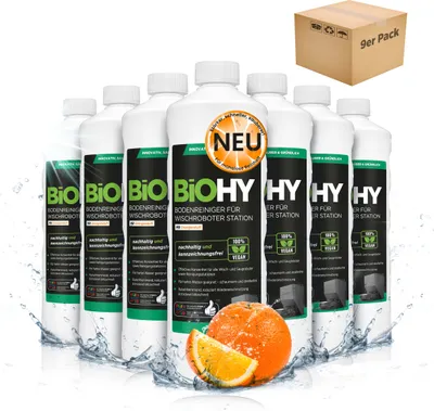 Produktbild von BiOHY Bodenreiniger für Wischroboter Station mit Orangenduft, Reiniger für Reinigungsstationen, Für hartes Wasser geeignet, Nicht schäumender Bodenreiniger, -Konzentrat – 9er Pack (9 x 1 Liter Flasche)