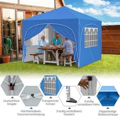 Imagen del producto de Caseta de jardín plegable, color azul, de 300x300 cm, con protección UV y paredes laterales