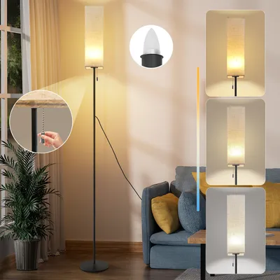 A floor lamp in a living room setting, with inset images showing different light settings and a close-up of the pull chain.