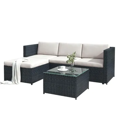 Produktbild von Polyrattan Lounge-Sofagarnitur, Lounge-Gartenmöbel, Ecksofa, Couchgarnitur mit Sitz- und Rückenkissen, Lounge-Tisch mit Glasplatte, Schwarz