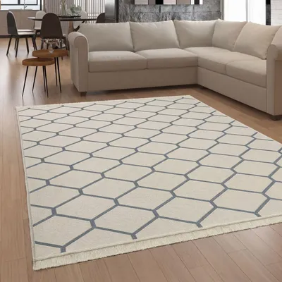 Produktbild von Teppich Wohnzimmer Schlafzimmer Waschbar Boho Skandi Fransen Wendbar Grau Creme Grösse 160x220 cm