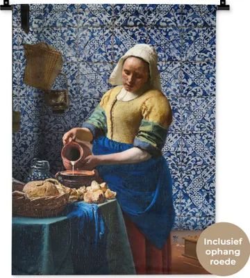 Produktbild von MuchoWow® Wandteppich Wandbehang Milchmädchen - Delfter Blau - Vermeer - Gemälde - Alte Meister 60x80 cm Tapisserie Dekoration Wandtuch - Decke - Wandtücher - Wohne