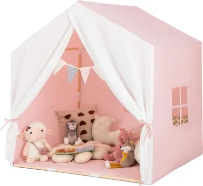 Produktbild von Kinderzelt mit Matte und Girlande, Kinder Spielhaus Indoor mit Fenstern & Vorhang, Tipi Zelt, Kinder Spielzelt mit Massivholzrahmen (Rosa + Weiß)