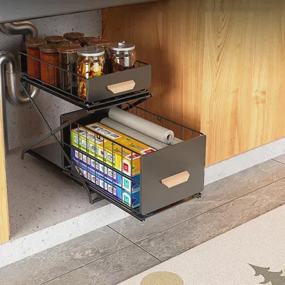 Produktbild von Unterschrank Organizer küchenschrank mit 2 Etagen küchenregal Arbeitsplatte Metall Unterspüle für Badezimmer,40 x 26 x 43 cm – Schwarz (1 Stück)