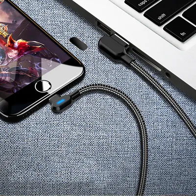 Imagen del producto de Cable de datos y carga rápida LED, con conector Micro USB Tipo-C de doble ángulo de 90° para dispositivos Apple, color
